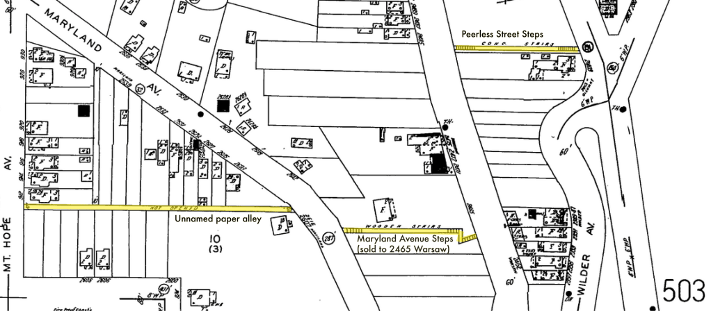 Stairways and alley highlighted upon Sanborn 1904-50 (Source: Ohio Web Library)